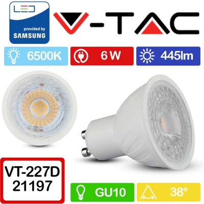 lampadina led dimmerabile chip samsung 220-240 volt 38° 6,50 watt A+ CE GU10 bianco freddo si tec 631624 - V-TAC