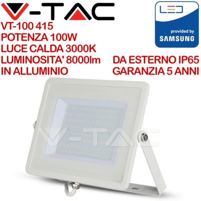 PRO VT-100 Faro led 100W slim alluminio bianco chip Samsung SMD bianco caldo 3000K - SKU 415 - V-tac
