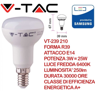 V-Tac Lampadina Led 3W Chip Samsung Attacco Piccolo E14 Luce Freddisima 6400K Vt-239 212