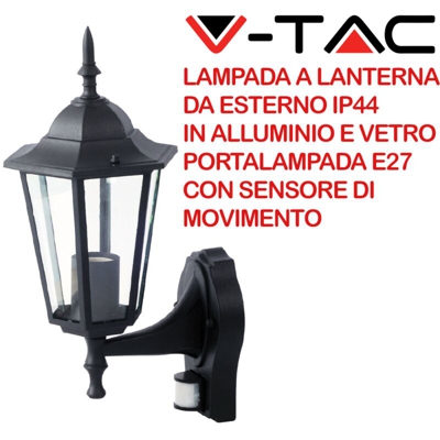Lampada LED V-TAC da Muro a Lanterna con Portalampada E27 (Max 60W) con Sensore di Movimento Colore Nero IP44