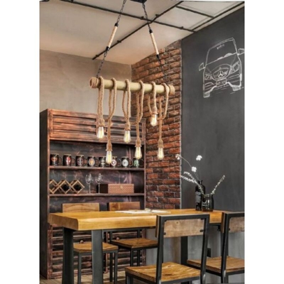 Lampada a sospensione corde e legno design industriale 6xE27 IP22 - UNIVERSO