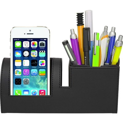 PORTAPENNE SEMIPELLE SCRIVANIA NERO ORGANIZZATORE MULTIFUNZIONE PORTA CELLULARE PENNE 19,5x9x7,5 CM UFFICIO CASA - TAKESTOP