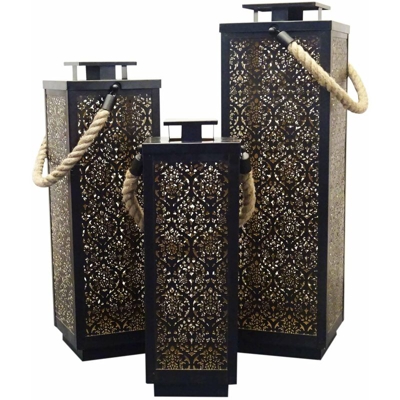 Milani Home - Set di 3 lanterne in metallo stile orientale di design moderno portacandela da appendere , G.69 x 20 x 20/M.57 x 18 x 18/P.47 x 16 x 16
