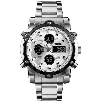 Orologi in acciaio elettronico Banda Silvery + Silvery modo della vigilanza di tendenza multifunzionale Tre Tempo grande manopola degli uomini di