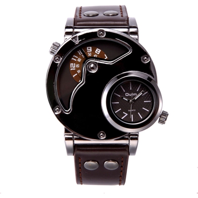 Oulm vigilanza due fuso orario uomo quarzo di orologi di marca di lusso del cuoio di sport della cinghia da polso con due Movimento Maschile Clock