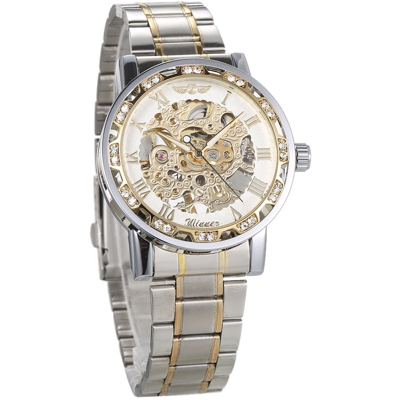 VINCITORE uomini Automatic Watch del diamante di modo display luminoso Mani ingranaggi Movimento Retro scheletro meccanico orologi di lusso casuale
