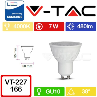 V-Tac Lampadina Led 7W Chip Samsung Attacco Gu10 Luce Naturale 4000K Vt-277 166