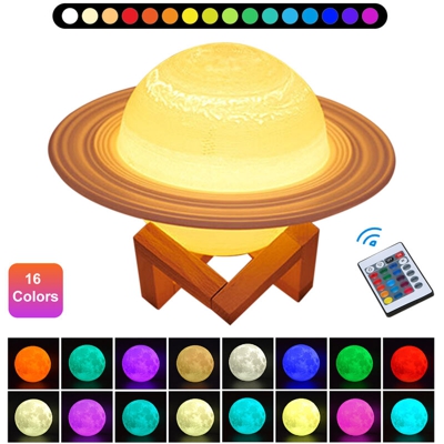 Luce notturna Saturn a LED con ricarica USB da 22 cm di diametro con base in legno (tocco a 16 colori + telecomando + luminosita regolabile)