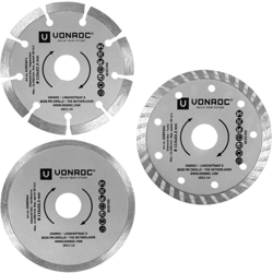 Set di 3 dischi diamantati universali per pietra, cemento e ceramica. Incl. 1x segmentato, 1x continuo e 1x turbo. 115 mm - Diametro foro: 22,2 mm características
