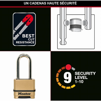 Master Lock Lucchetto da Esterno ad Alta Sicurezza Excell Antiruggine con Arco Lungo, Serratura a Combinazione: Corpo in Zinco, Finitura in Ottone,