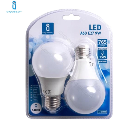 Lampadina Led E27 9W 6400K Bianco Freddo A60 A+ 765Lm 280° Fascio Ampio Aigostar A5 Conf. 2 Pezzi
