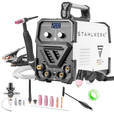 STAHLWERK CT 550 ST saldatrice TIG MMA compatta con tagliaplasma fino a 12 mm 200 ampere TIG MMA 50 ampere CUT bianca 7 anni di garanzia