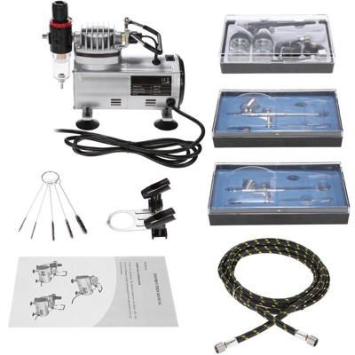 KKmoon Brand New Professional 3 Airbrush Kit Con compressore d'aria a doppia azione Hobby Spray Nail Art Tattoo set spazzola di aria della vernice di