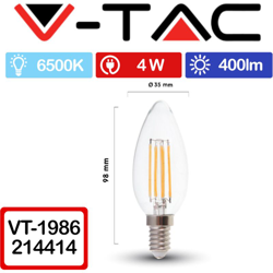 V-tac - lampadina filo led candela liscia 220-240 volt 300° 4 watt A+ CE E14 bianco freddo no trasparente tec 606233 en oferta