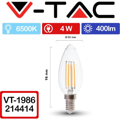V-tac - lampadina filo led candela liscia 220-240 volt 300° 4 watt A+ CE E14 bianco freddo no trasparente tec 606233