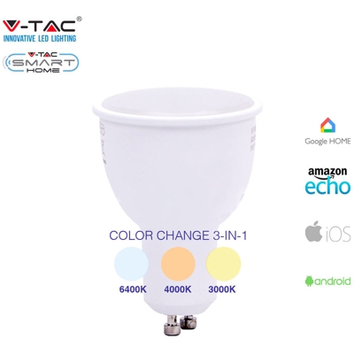 V-Tac Smart Home Vt-5015 Lampadina Spot Led Wifi Gu10 4.5W Color Change 3In1 Dimmable Alexa Google Smartphone - Sku 8436