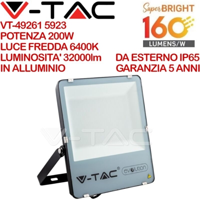 Faro led 200W slim alluminio nero super efficienza 160LM/W bianco freddo 6400K IP65 - V-TAC
