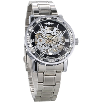 VINCITORE uomini Automatic Watch del diamante di modo display luminoso Mani ingranaggi Movimento Retro scheletro meccanico orologi di lusso casuale