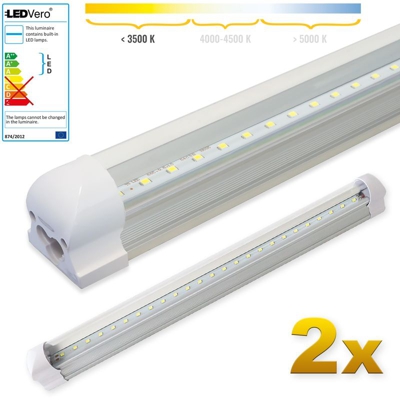 LEDVero 2x SMD LED Tubo 60 cm integrato in bianco caldo - Tubo fluorescente T8 G13 - Cover trasparente 8 W, 800 Lumen- pronto per l'installazione