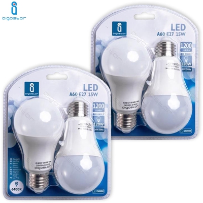 Lampadina Led E27 15W 6400K Bianco Freddo A60 A+ 1200Lm 280° Fascio Ampio Aigostar A5 4 Pezzi