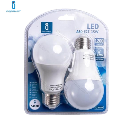 Lampadina Led E27 15W 6400K Bianco Freddo A60 A+ 1200Lm 280° Fascio Ampio Aigostar A5 Conf. 2 Pezzi