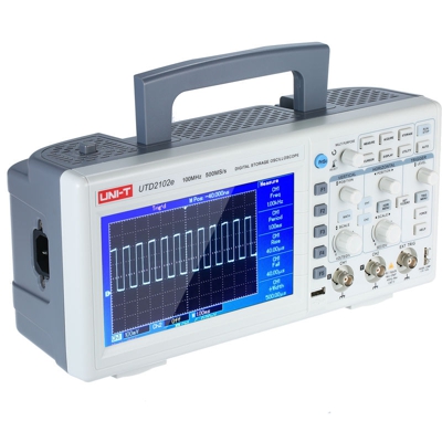 UNI-T UTD2102e oscilloscopio digitale 100MHz di larghezza di banda con USB OTG interfaccia 2 canali 500ms / S archiviazione portatile LCD da 7" TFT