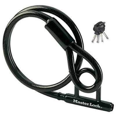 Master Lock 8156EURDPS Cavo a Chiave, Mini-U Integrata, Acciaio Intrecciato, Nero, 1,50m, Diametro 20 mm