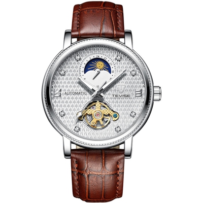 T612 uomini d'affari meccanico automatico Watch Time Moon Phase Moda Mostrare casuale mani luminose cinturino in pelle impermeabile Vita Maschio