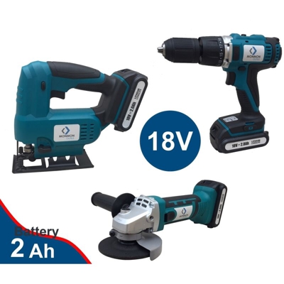 Grecoshop - Set Trapano avvitatore + Flex/Smerigliatrice + Seghetto alternativo c/batteria di riserva 18V 2.0Ah in valigetta