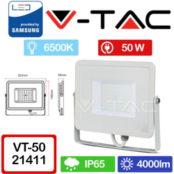 V-Tac Proiettore Slim Colore Bianco 50W Chip Samsung Luce Fredda 6400K Vt-50-W 411 características