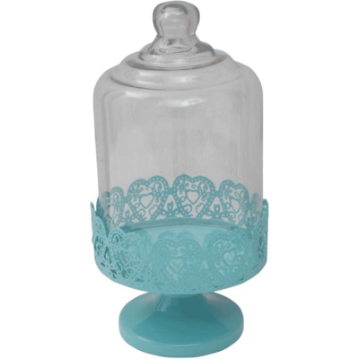 Alzatina alzata porta dolci blu con campana in vetro shabby HEART