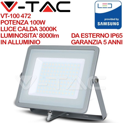 Faro LED V-TAC SMD Chip Samsung 100W Colore Grigio 3000K IP65