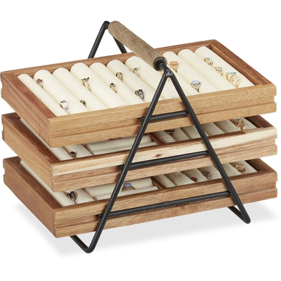 Organizer per Anelli, Supporto con 3 Ripiani in Legno, Portagioie, HLP 20x25,5x18 cm, Naturale/Nero - RELAXDAYS