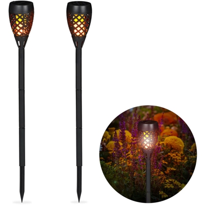 Fiaccole Solari da Giardino in Set da 2, Illuminazione, con Paletto per Fissaggio nel Terreno, H: 78 cm, Nero - RELAXDAYS