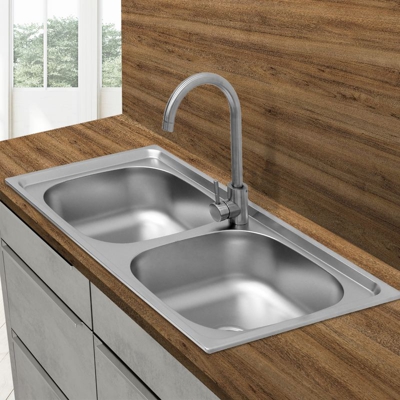 Lavello doppio da incasso cucina in acciaio inox quadrato con 2 vasche 82x48 cm - ECD GERMANY