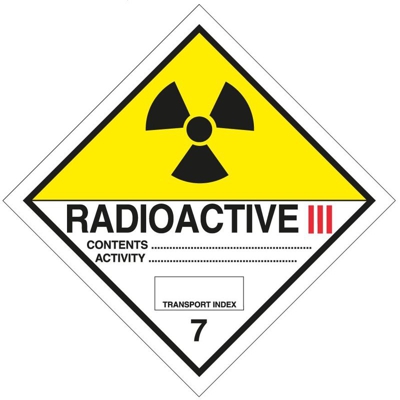 Etichetta autoadesiva o supporto alluminio A.D.R per divisione 7.C per 'Materiali radioattivi Categoria III' 300x300mm Modello - PVC adesivo