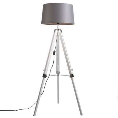 QAZQA Lampada da terra regolabile Tripod 45 R - Industriale - Legno,Metallo,Tessuto - Bianco/Grigio - Oblungo Max. 1 x Watt