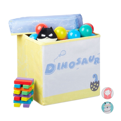 Scatola Portaoggetti Pieghevole, Sgabello da Cameretta, da 20 l, con Dinosauro, 31x32x32 cm, Giallo/Blu - RELAXDAYS