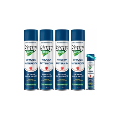 4x Spray Disinfettante Igienizzante Virus, Batteri, Funghi"SANYMAYER" 400 ml+Omaggio Sany Mayer Pocket 75ml| Spray Sanificante Aria, Aspirapolvere,