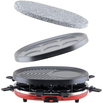 H, koenig rp412 raclette-grill 4-in-1, raclette, pietra grigliae, crepe-piastra e grill, 900 w, nero / rosso