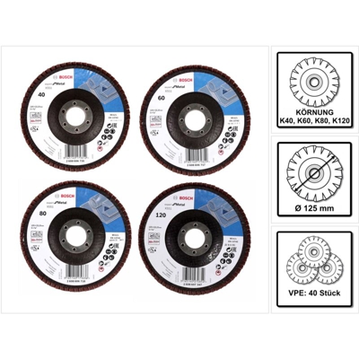Bosch Dischi lamellari X551 Expert for Metal 125mm, K40, K60, K80, K120 - 10 pezzi ciascuno