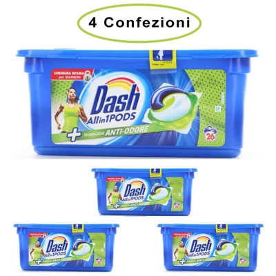 Dash allin1 pods detersivo per lavatrice in monodosi anti-odore 4 confezioni da 26 capsule