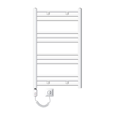 Radiatore Scaldasalviette Elettrico 300W Termoarredo da Bagno Moderno in Acciaio Bianco - 600 x 800 mm - Bianco - Curvo con Attacco Laterale - Ecd