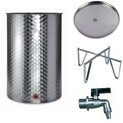 Cisterna in acciaio inox 18/10 contenitore per olio e vino fusto piano uso alimentare -50 lt / Bidone, Tappo, Rubinetto, Supp. galleggiante olio