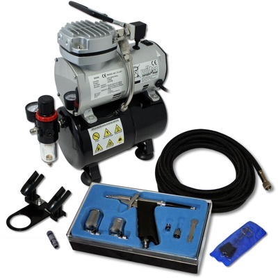 Wiltec - Set per principianti AS189 compressore con 1 pistola a spruzzo e gamma completa di accessori