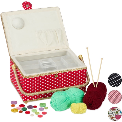 Scatola Cucito, Senza Contenuto, Organizer Estraibile, Coperchio, Portatile,Colorato,Cofanetto,rosso/bianco - RELAXDAYS