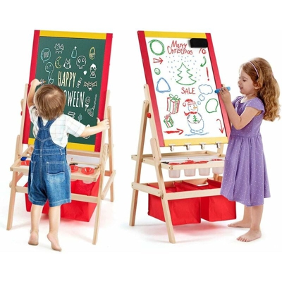 Cavalletto per Bambini 3 in 1, Lavagna Bifacciale, Cavalletto per Disegnare, con Rotolo di Carta, Magnetica, Accessori Completi, in Legno