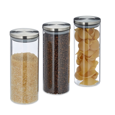 Tris di Barattoli in Vetro per Alimenti, Set da 3, Ermetico, Coperchio in Acciaio Inox, per Pasta, Cereali & T - RELAXDAYS