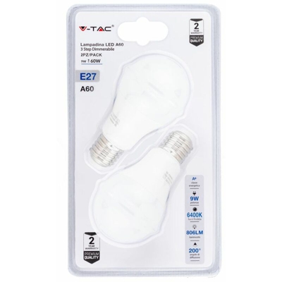 Lampadina LED V-TAC E27 9W A60 3 Step Dimmerabile 6400K (Blister 2 Pezzi)