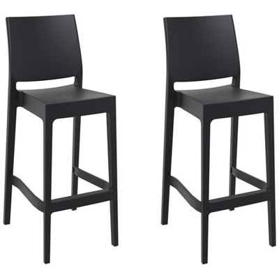 Set 2 Sgabelli Bar Maya Impilabili In Polipropilene - Coppia Sedie Sgabello Alte Outdoor Con Schienale Bancone H75CM con Poggiapiedi Nero